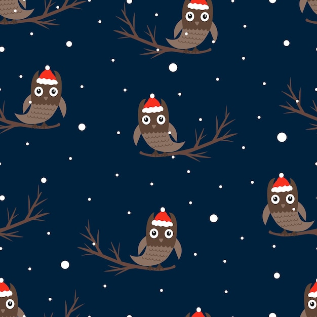 Seamless pattern of an owl in a santa claus hat on a branch Christmas owl vector illustration eps 10