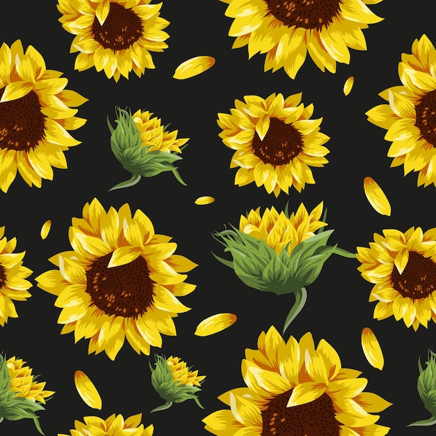 seamless pattern for packaging or textile consisting of open sunflowers buds petals