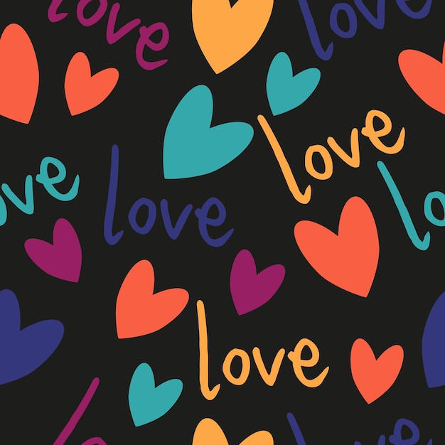 seamless pattern for packaging or textiles of hearts of different sizes and the text love