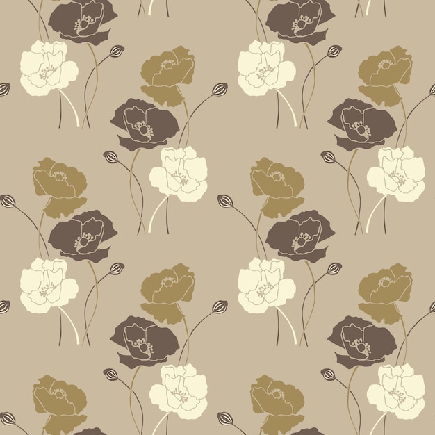 Seamless pattern painted cream and brown poppies on a beige background