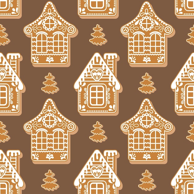 Seamless pattern, painted gingerbread houses, Christmas background. Print, decor, vector