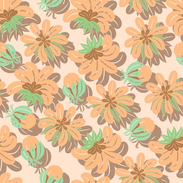 Seamless pattern painted orange flowers with leaves on a background with a shadow 3d print