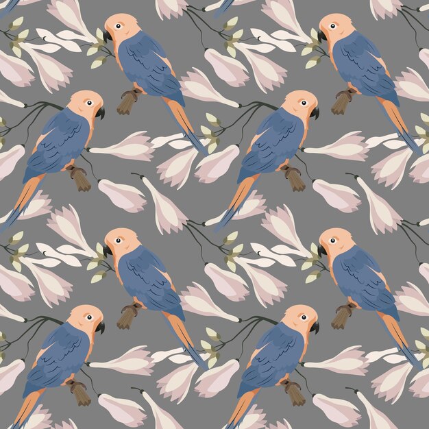 Vector seamless pattern painted pinkblue parrots and delicate magnolia flowers on a gray background