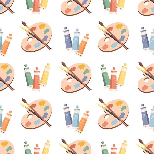 Vector seamless pattern palette with paints brushes and tubes with acrylic background with art supplies