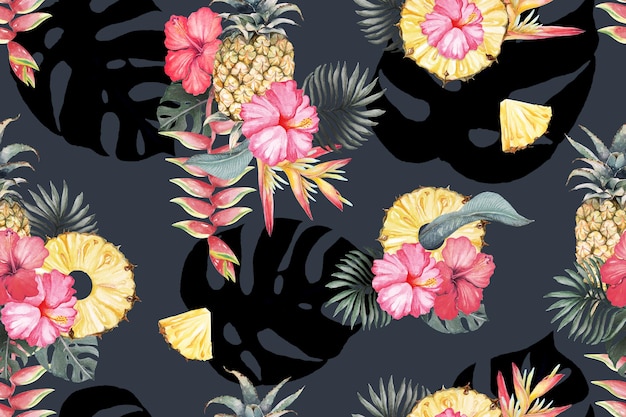 Seamless pattern palm tree and hibiscus flowersxAwatercolorDesigning fabric and wallpapers