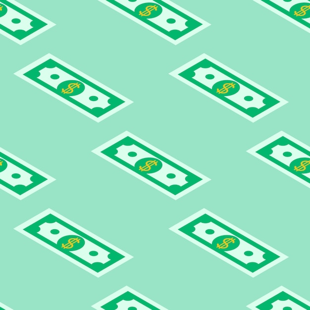 Seamless pattern of paper money on a green background.