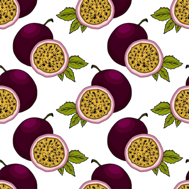 Seamless pattern of passion fruits, maracuya. Delicious tropical vegetarian fruit.