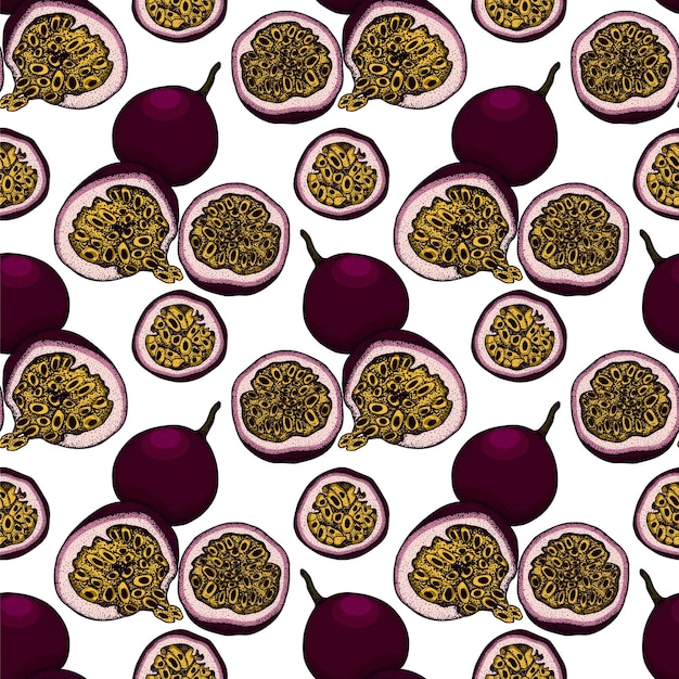 Seamless pattern of passion fruits, maracuya. Delicious tropical vegetarian fruit.