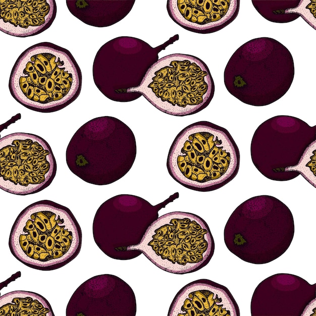 Seamless pattern of passion fruits, maracuya. Delicious tropical vegetarian fruit.