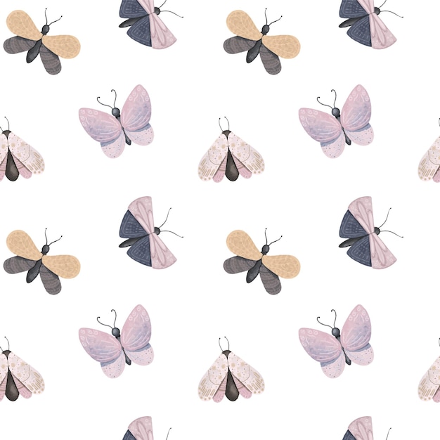 Seamless pattern of pastel moths and butterflies