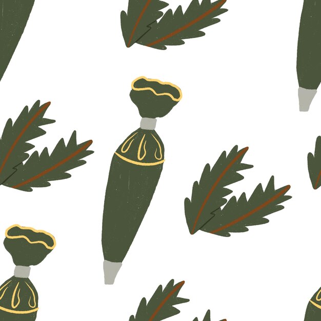 Seamless pattern pastry bag with cream and Christmas tree branches