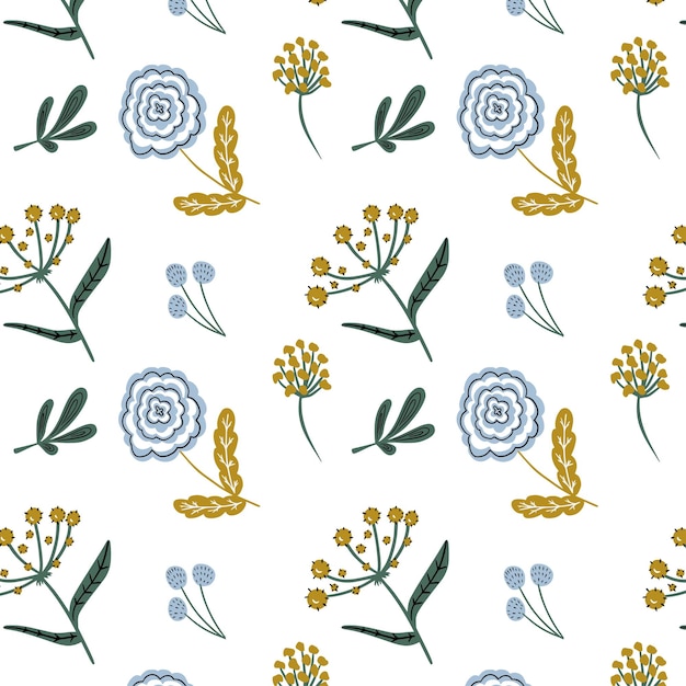 seamless pattern pattern with flowers drawn in blue yellow with leaves for the design of fabrics p