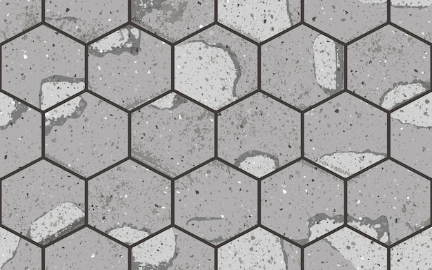 Seamless pattern of pavement with hexagon textured cracked old bricks