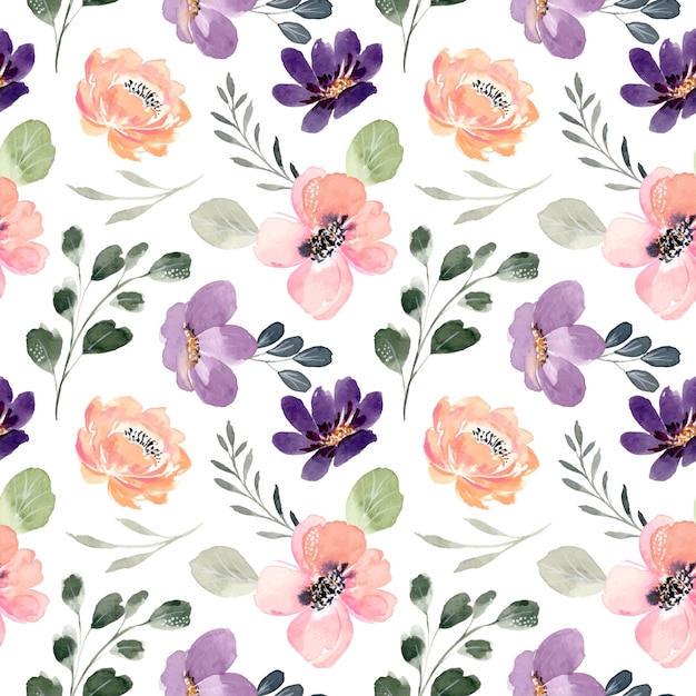 Seamless pattern of peach purple floral with watercolor