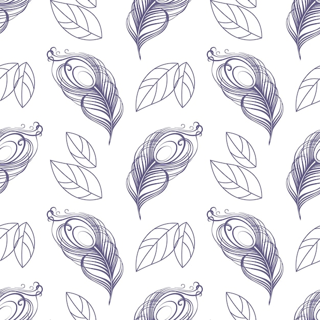 Seamless pattern, peacock feathers and contour leaves on a white background. Background, textile