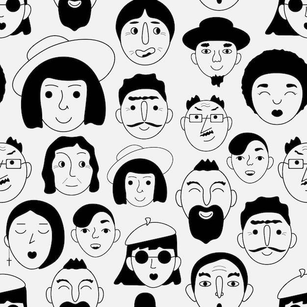 Seamless pattern People s faces A pattern depicting the faces of people with different emotions Avatars of people on a white background vector