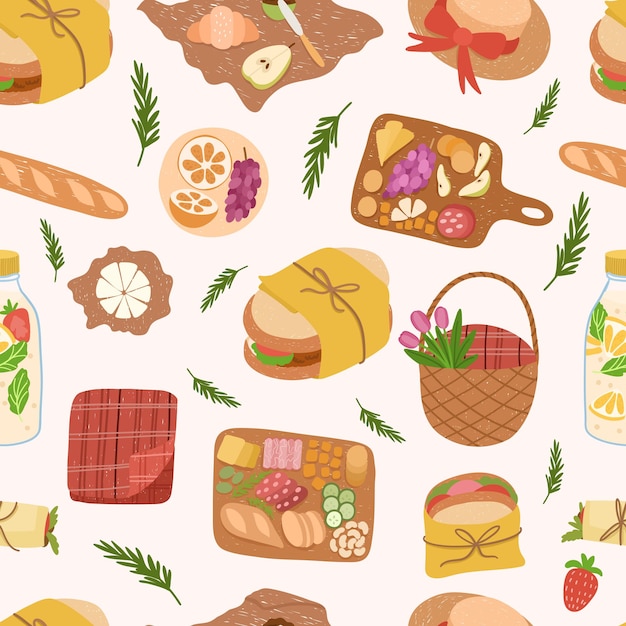 Seamless pattern of picnic food and drinks