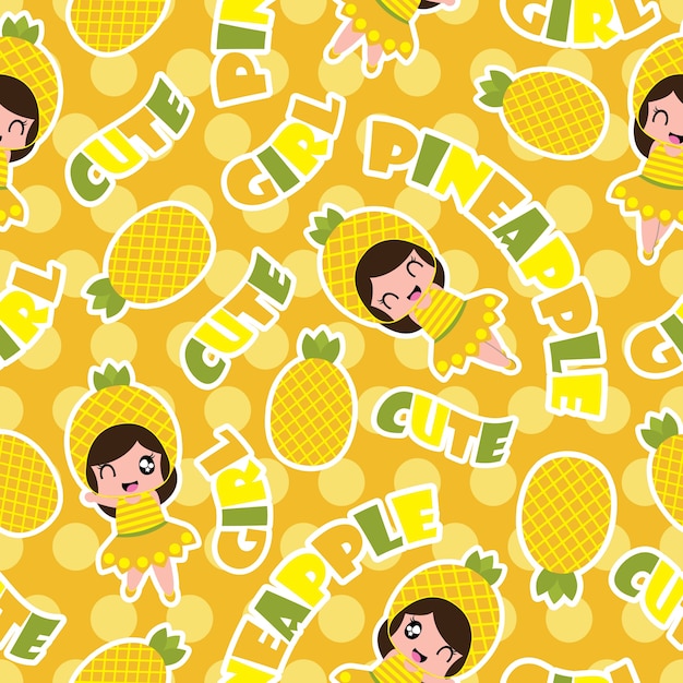 Seamless pattern of pineapple girl on polka dot background vector cartoon