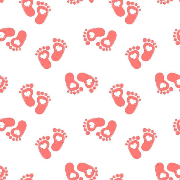 Seamless pattern, pink baby footprints with hearts on a white background. Background, print, textile