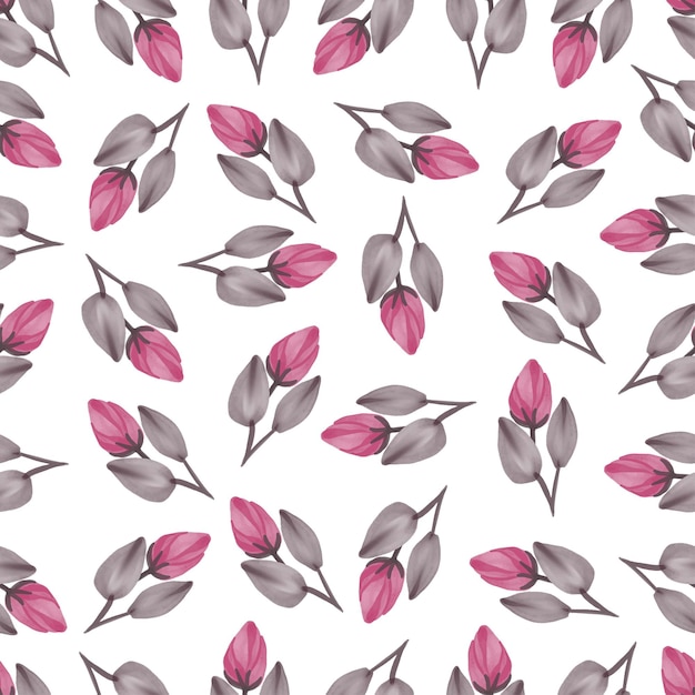 Vector seamless pattern of pink buds and brown leaves