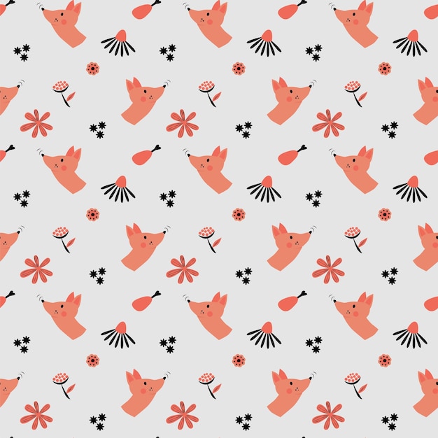 Seamless pattern pink fox with flowers and chicken leg on a gray background