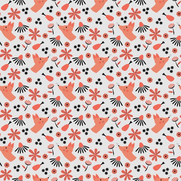 Seamless pattern pink fox with flowers and chicken leg on a gray background