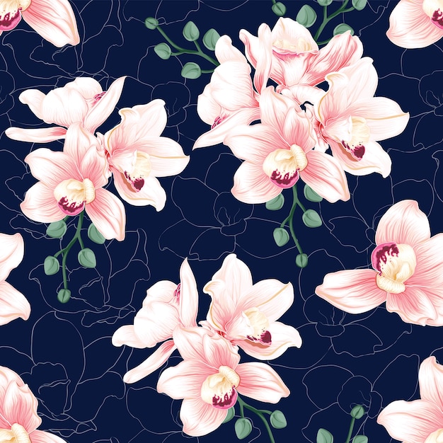 Seamless pattern pink Orchid flowers on abstract dark blue background.