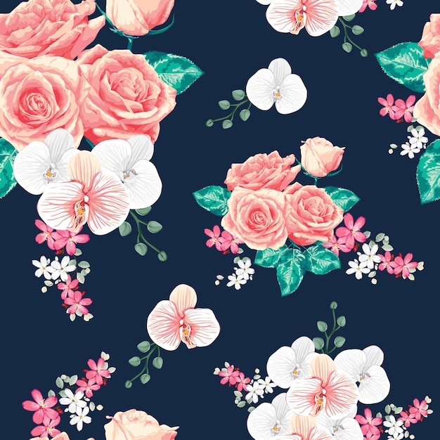 Seamless pattern pink pastel rose and orchid flowers.