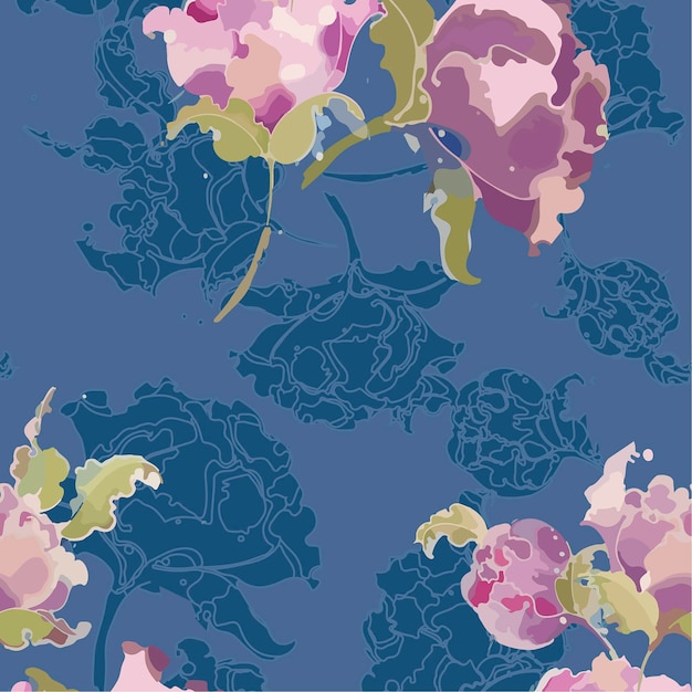 seamless pattern of pink peonies on a blue background watercolor effect