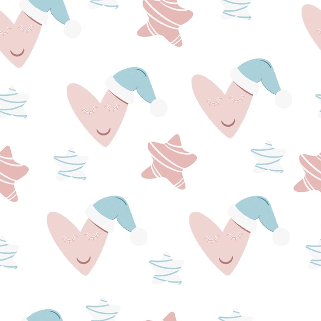 Seamless pattern Pink sleeping heart with hat and stars