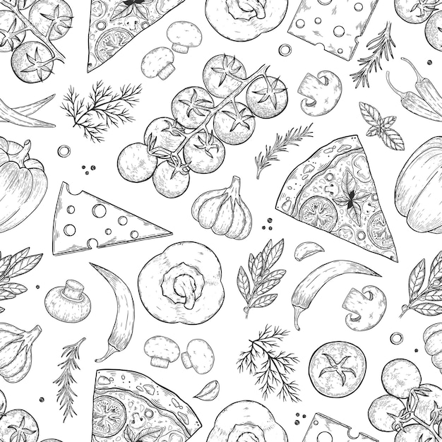 Seamless pattern Pizza ingredients background Tomato garlic basil olive pepper mushroom