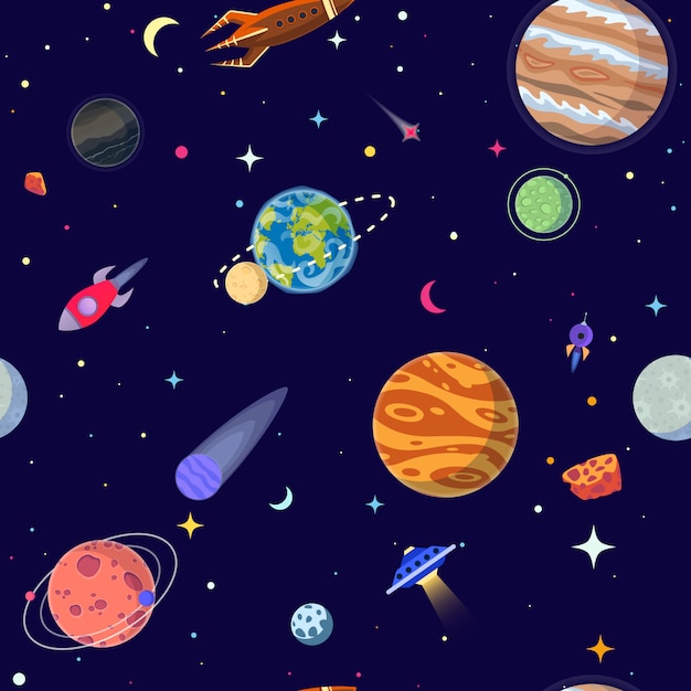 Seamless pattern of planets in open space. 