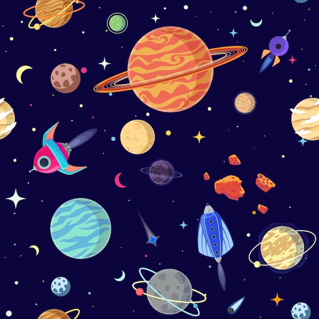 Seamless pattern of planets in open space. 