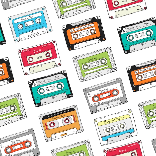 Seamless pattern, plastic cassette, audio tape with different music