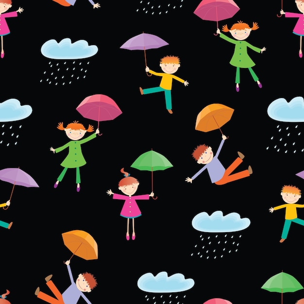 Seamless pattern of playful kids with umbrellas