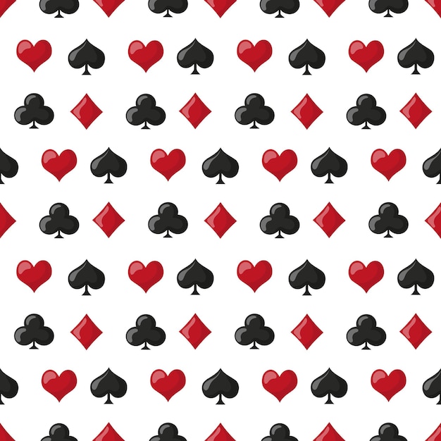 Seamless pattern playing symbols of hearts spades diamonds clubs on a white background Casino