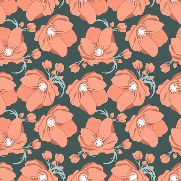 Seamless pattern, poppy flowers and buds on a green background. Textile, wallpaper, vector