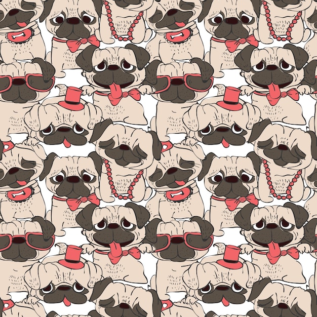 Vector seamless pattern portrait of many pugs composition in sepia art style humor textile composition hand drawn style print