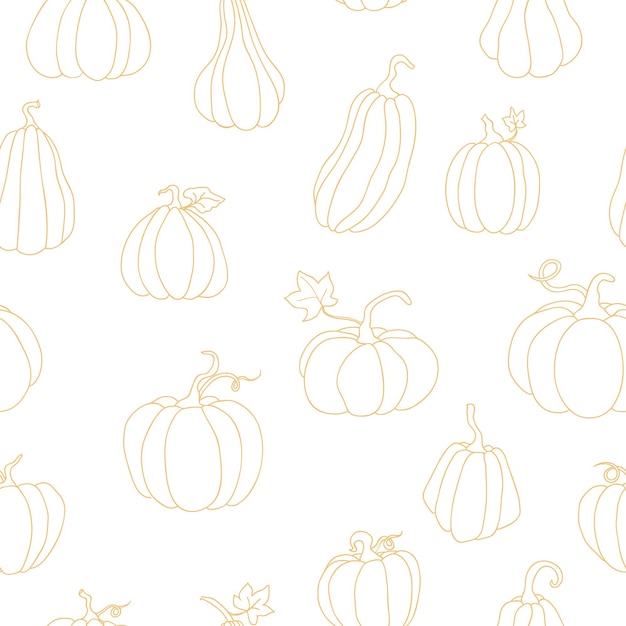 Seamless pattern of pumpkins drawn linearly golden Simple botanical pattern with vegetables For kitchen and product advertising