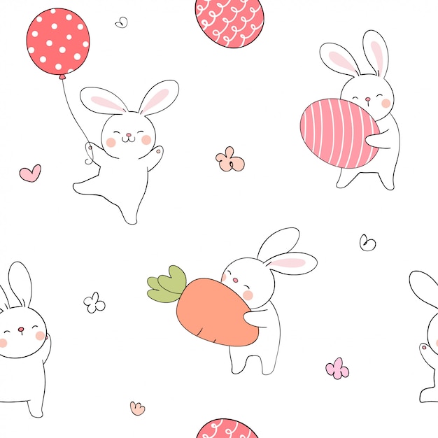 Seamless pattern rabbit with egg and carrot for spring.