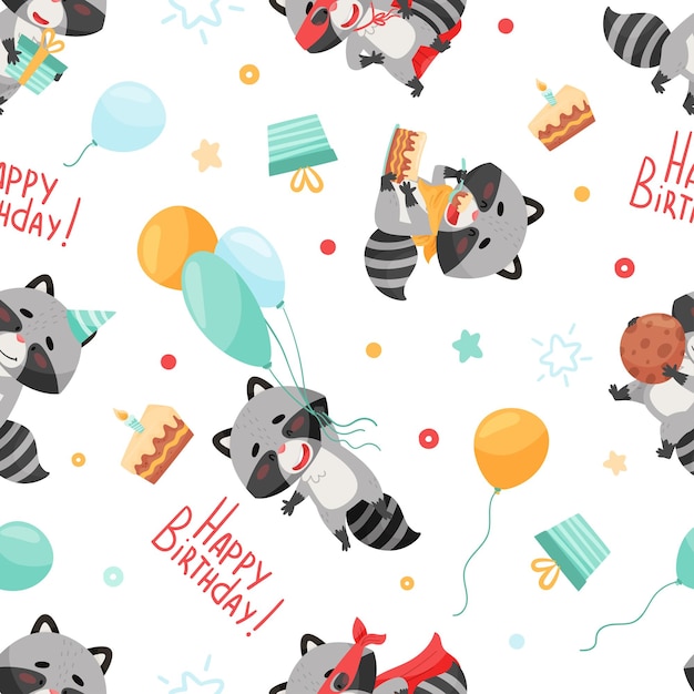 Seamless pattern raccoon on holiday Flying on balloons eating a cake and giving a gift