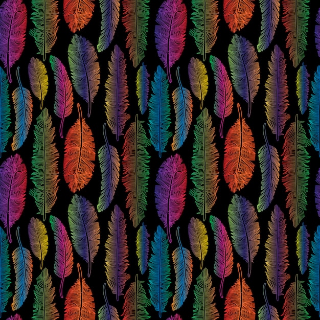 Seamless pattern of rainbow feathers tribal style on black.