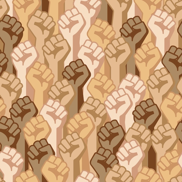 Seamless pattern of raised fists with different races in crowd