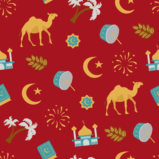 Seamless pattern Ramadan Kareem Mosque camel lamp palm trees dates