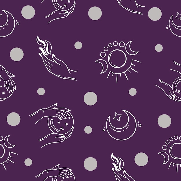 Seamless pattern random hand and moon object wallpaper with design purple