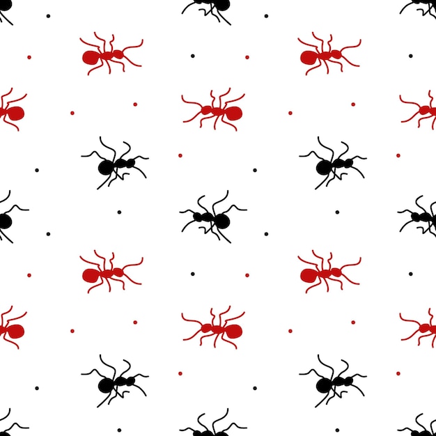 Seamless pattern, red and black ants on a white background. Print, background, textile, wallpaper