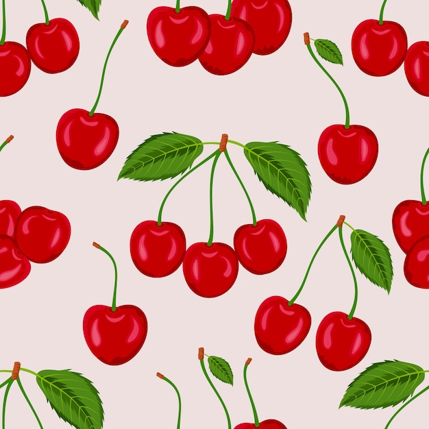 Seamless pattern of red cherries with leaves