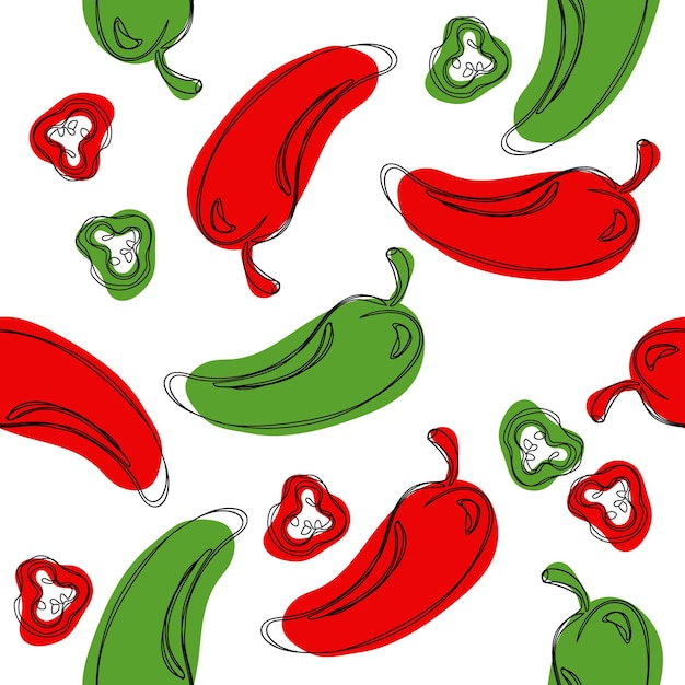 Seamless pattern red and green chilli pepper Hand drawing chilli pepper