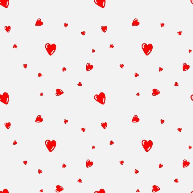 Seamless pattern of red hearts arranged randomly on a white background. Vector illustration. Design for Valentines Day