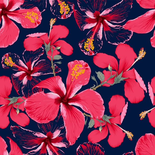 Seamless pattern red Hibiscus flowers on isolated dark blue background.  hand drawing dry watercolor style.